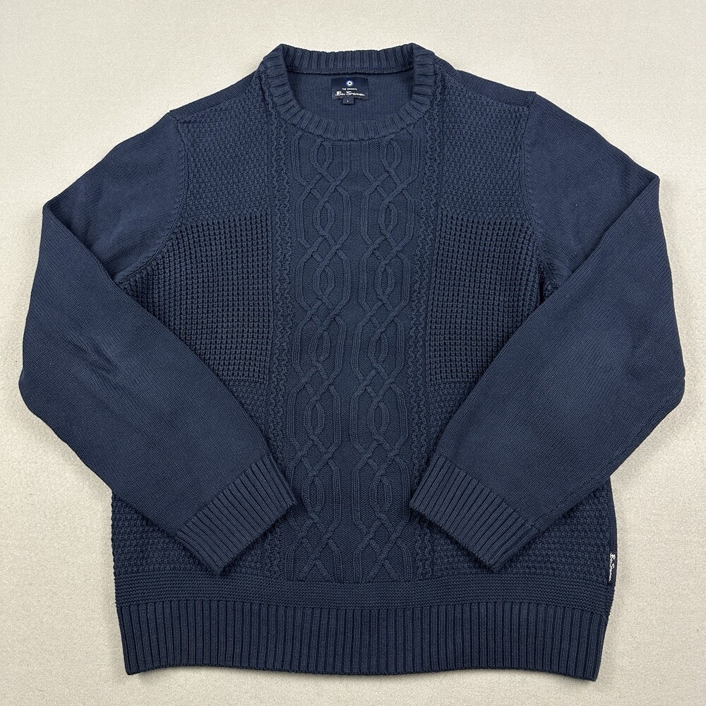 Ben Sweater Men Large Navy Blue Solid Crewneck Pullover Heavy Cable Knit L